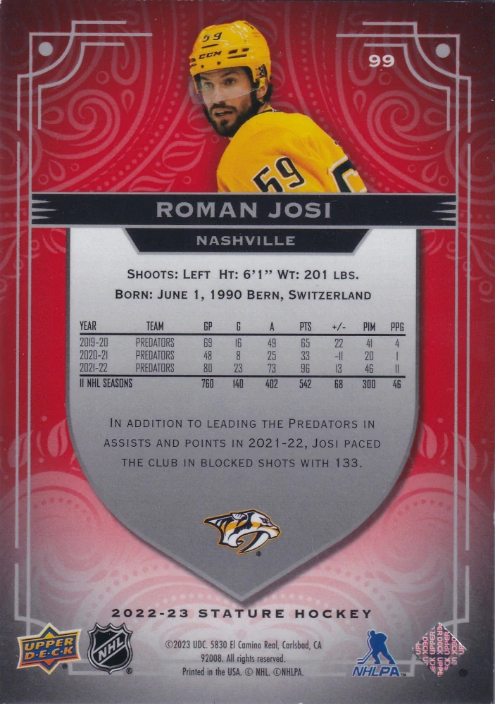 2022-23 UD Stature - Roman Josi - Red /75 #99
