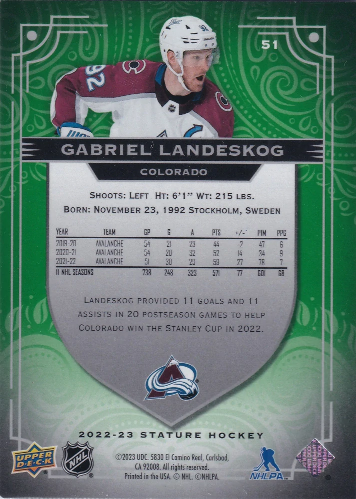 2022-23 UD Stature - Gabriel Landeskog - Photo Variant Green /66 #51