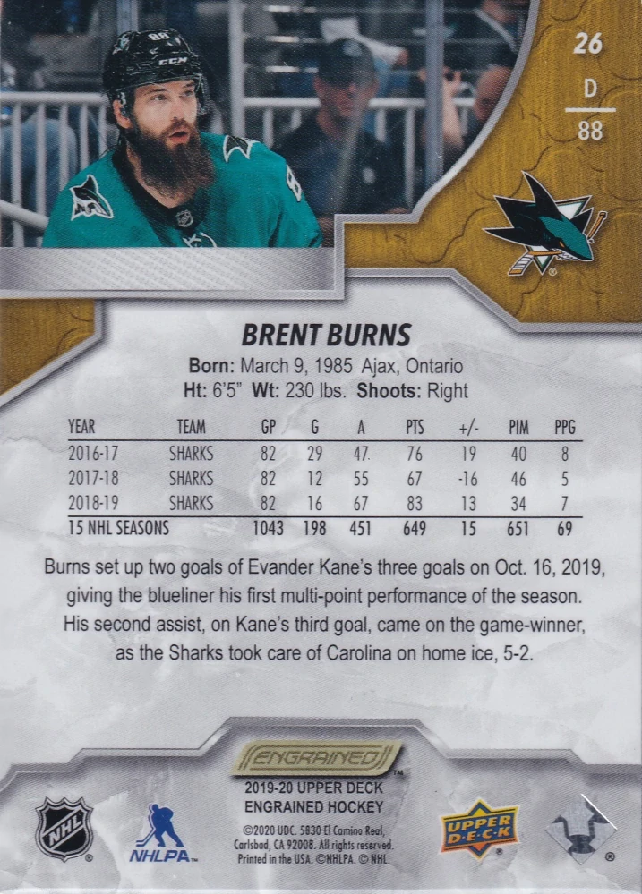 2019-20 UD Engrained - Brent Burns /299 #26