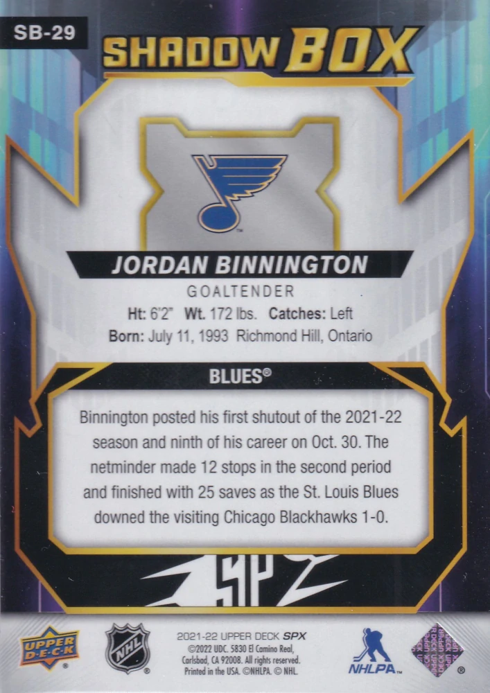 2021-22 UD SPx - Jordan Binnington - Shadow Box #SB-29