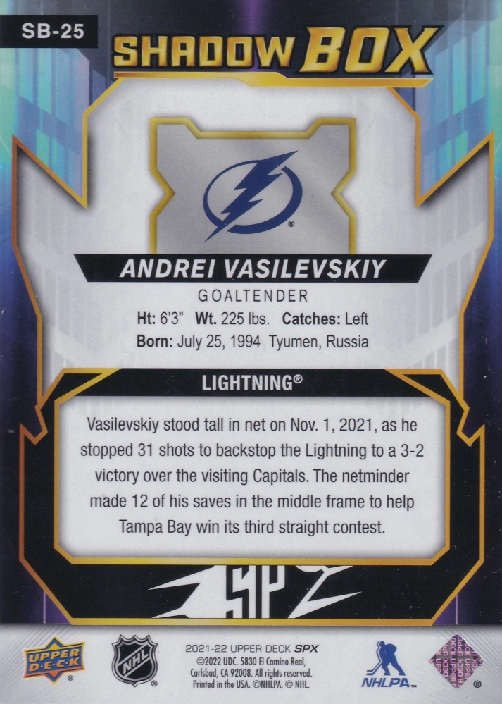 2021-22 UD SPx - Andrei Vasilevskiy - Shadow Box #SB-25
