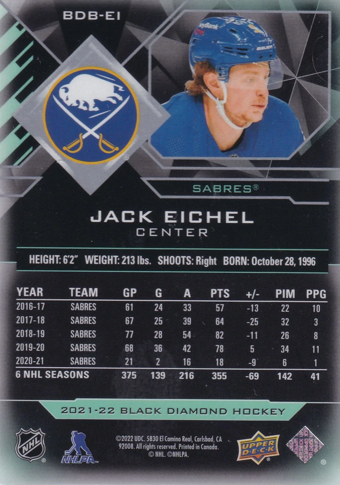 2021-22 UD Black Diamond - Jack Eichel /349 #BDB-JH