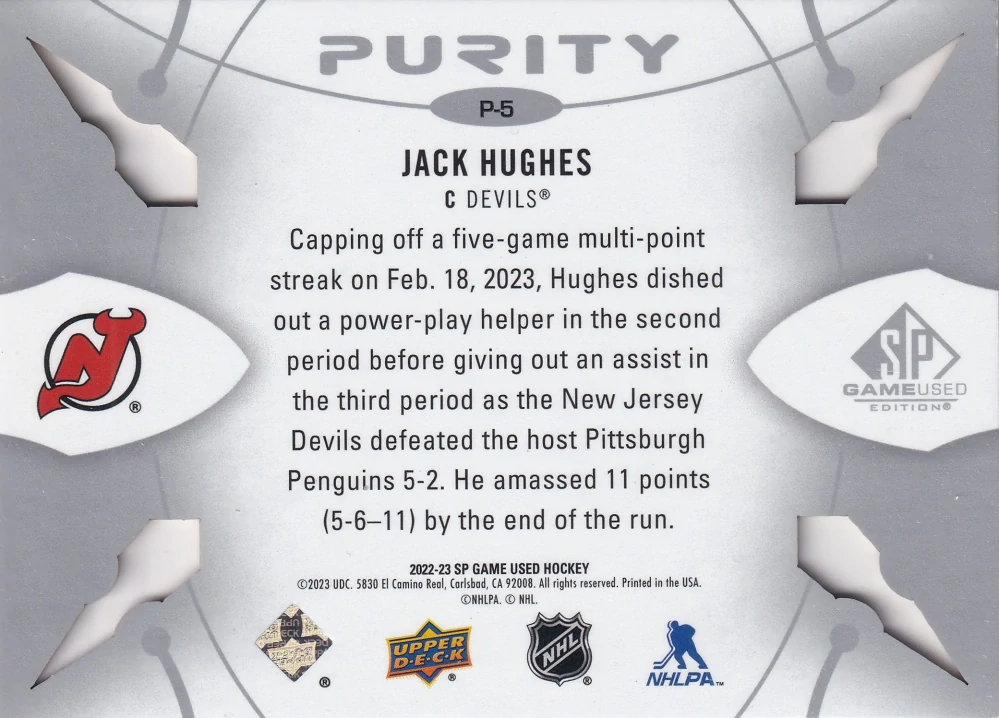 2022-23 UD SP Game Used - Jack Hughes - Purity #P-5