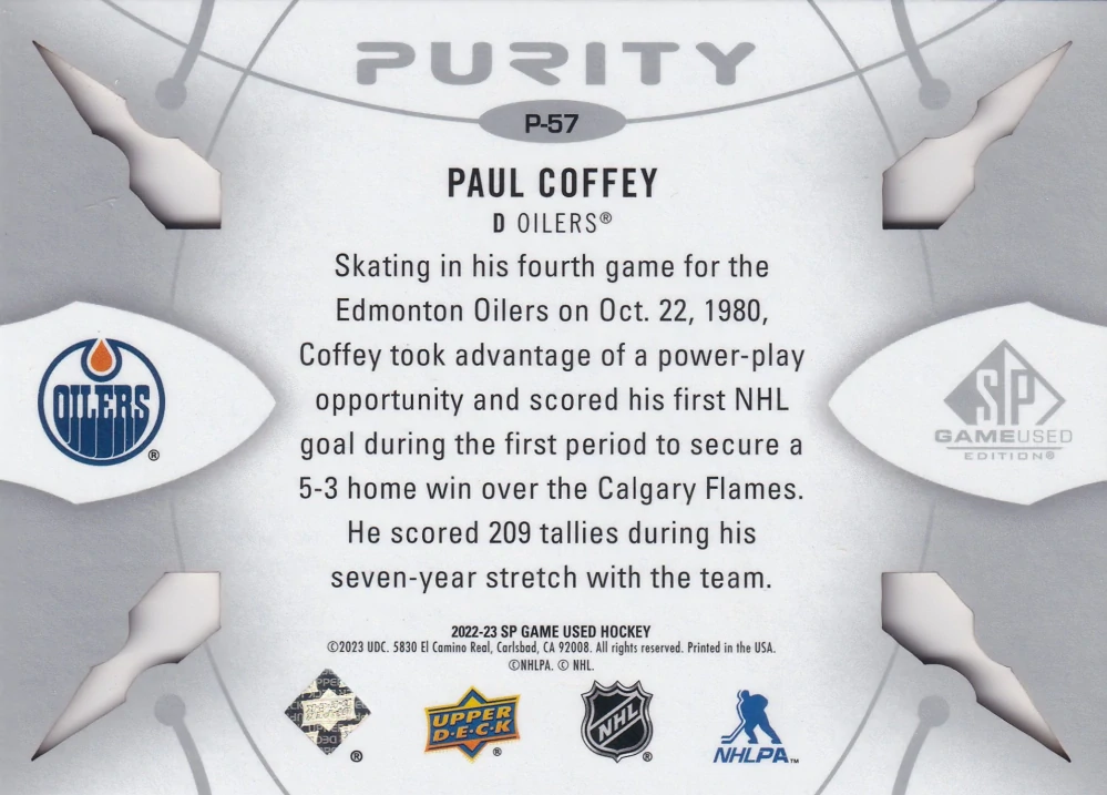2022-23 UD SP Game Used - Paul Coffey - Purity #P-57