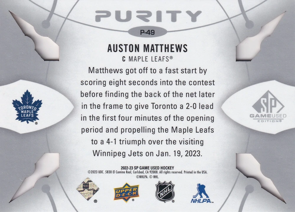 2022-23 UD SP Game Used - Auston Matthews - Purity #P-49