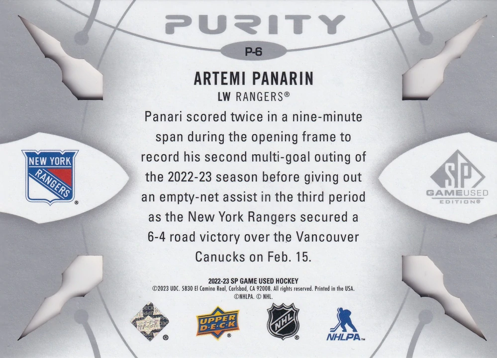2022-23 UD SP Game Used - Artemi Panarin - Purity #P-6