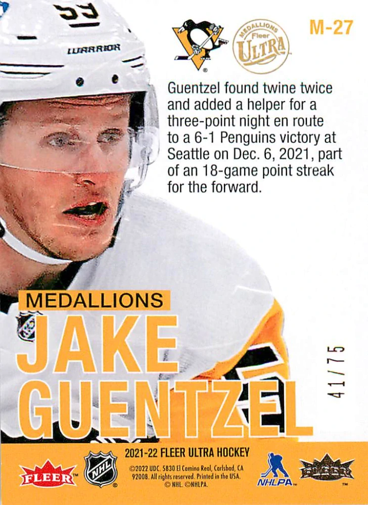 2021-22 UD Fleer Ultra - Jake Guentzel - Medallions Titian Achievement /75 #M-27