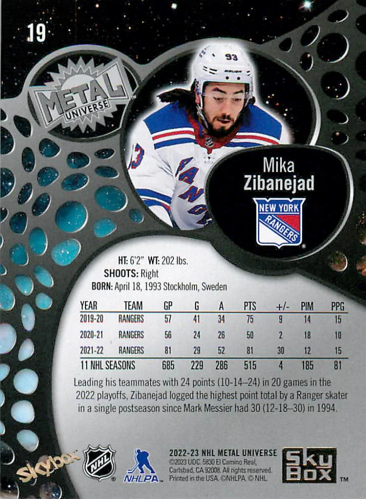 2022-23 UD Skybox Metal Universe - Mika Zibanejad - Gold Spectrum FX #19