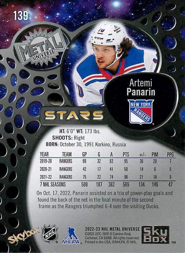2022-23 UD Skybox Metal Universe - Artemi Panarin - Gold Spectrum FX #139