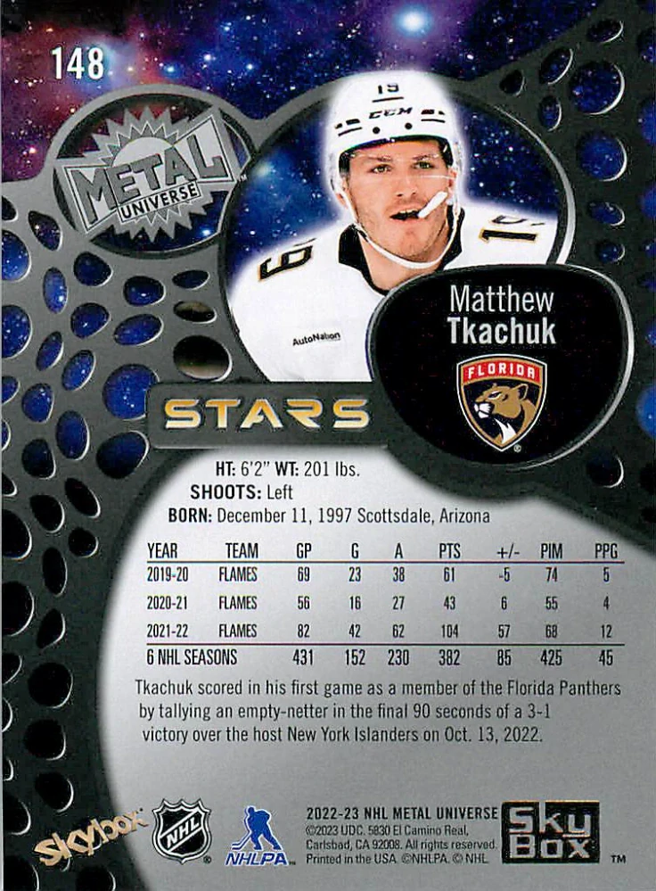 2022-23 UD Skybox Metal Universe - Matthew Tkachuk - Gold Spectrum FX #148