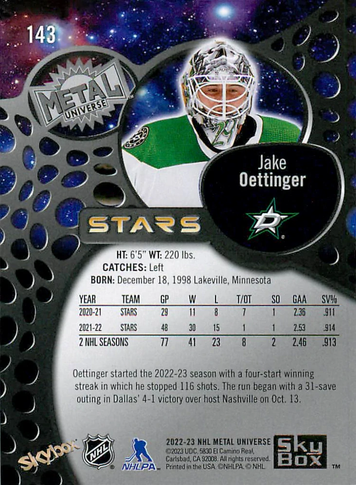 2022-23 UD Skybox Metal Universe - Jake Oettinger - Gold Spectrum FX #143