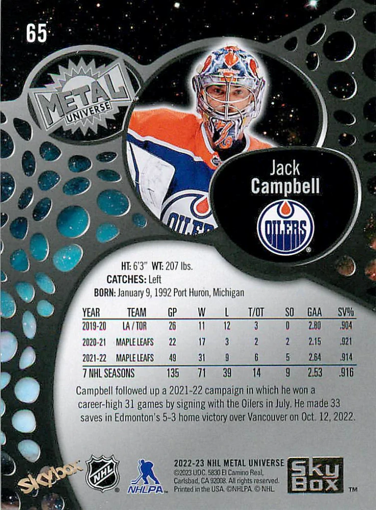 2022-23 UD Skybox Metal Universe - Jack Campbell - Gold Spectrum FX #65