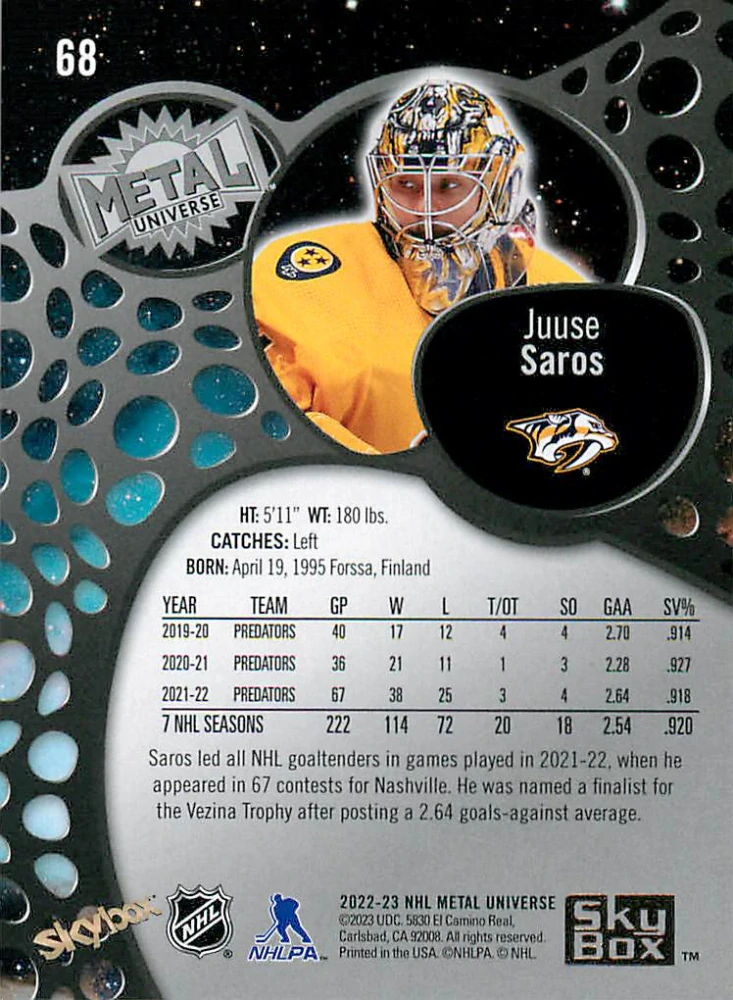 2022-23 UD Skybox Metal Universe - Juuse Saros - Gold Spectrum FX #68