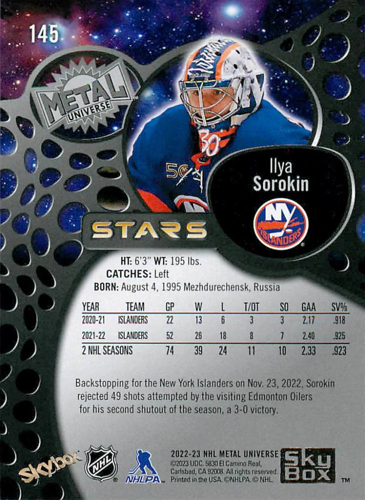 2022-23 UD Skybox Metal Universe - Ilya Sorokin - Gold Spectrum FX #145