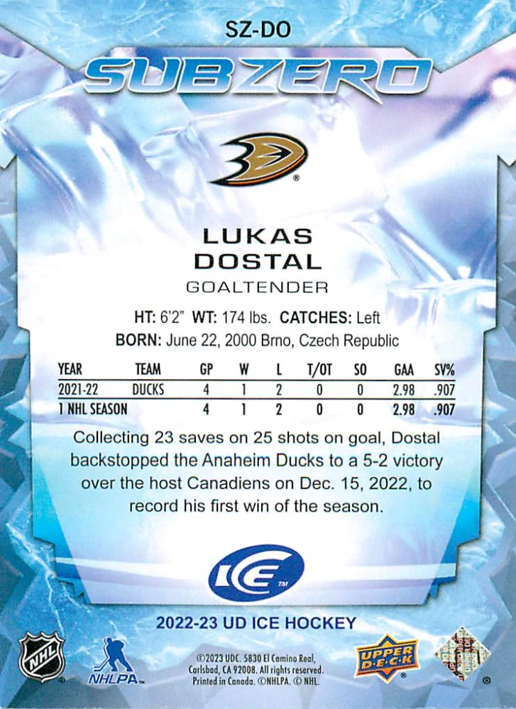 2022-23 UD Ice - Lukáš Dostál - Sub Zero Rookies /999 #SZ-DO