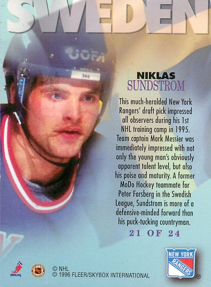 1995-96 Fleer Metal - Niklas Sundstrom - International Steel #21