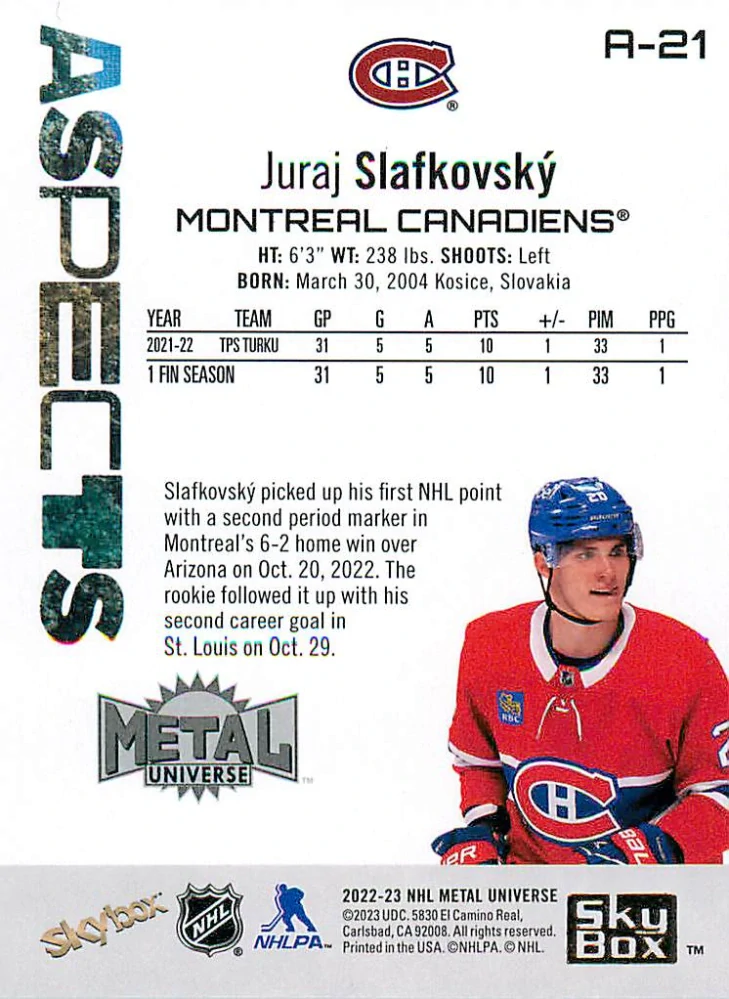 2022-23 UD Skybox Metal Universe - Juraj Slafkovský - Aspects #A-21