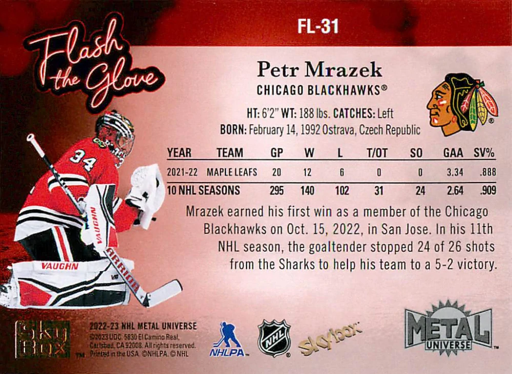 2022-23 UD Skybox Metal Universe - Petr Mrázek - Flash The Glove #FL-31