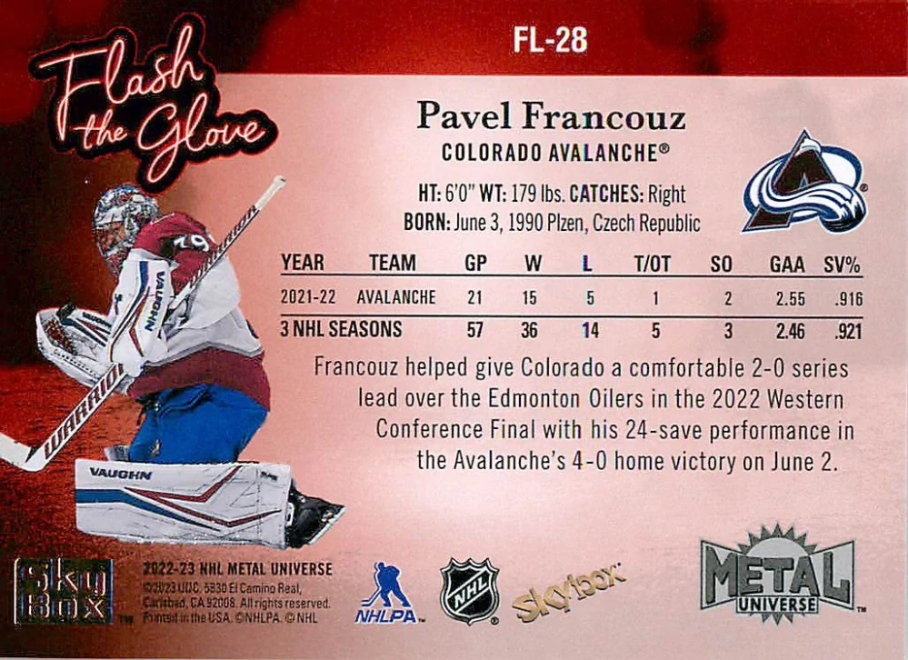 2022-23 UD Skybox Metal Universe - Pavel Francouz - Flash The Glove #FL-28