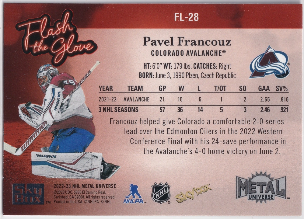 2022-23 UD Skybox Metal Universe - Pavel Francouz - Flash The Glove #FL-28