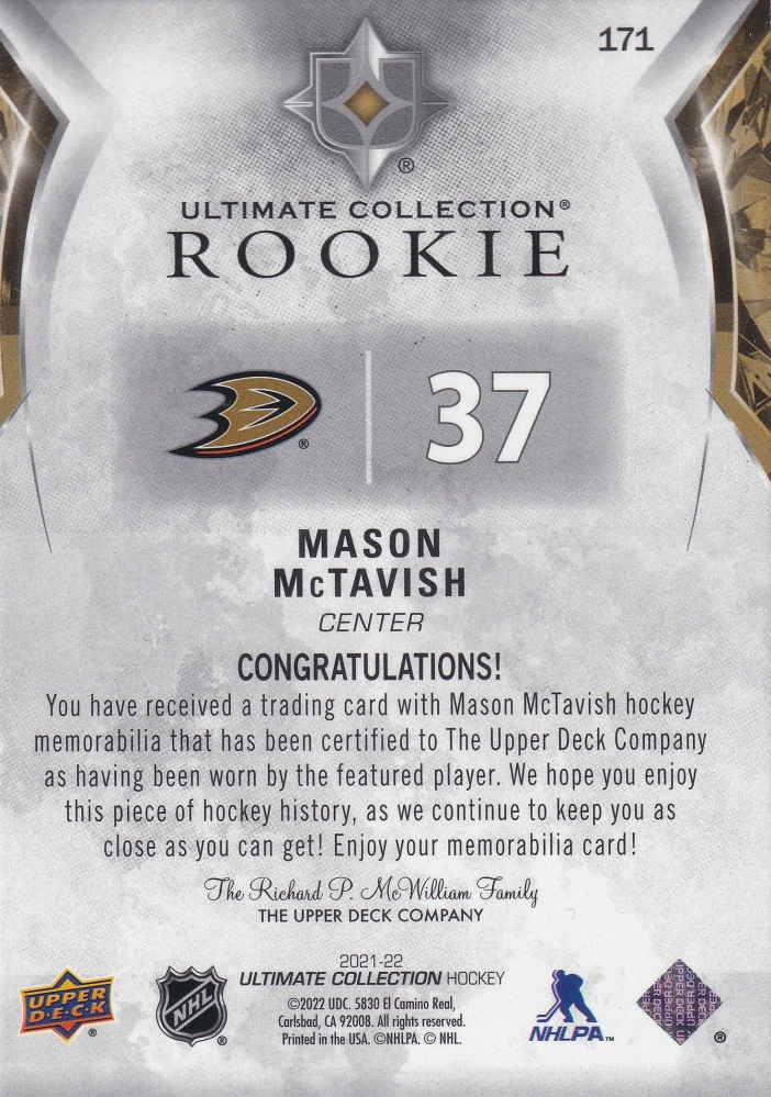 2021-22 UD Ultimate Collection - Mason McTavish - Rookie Jersey /699 #171