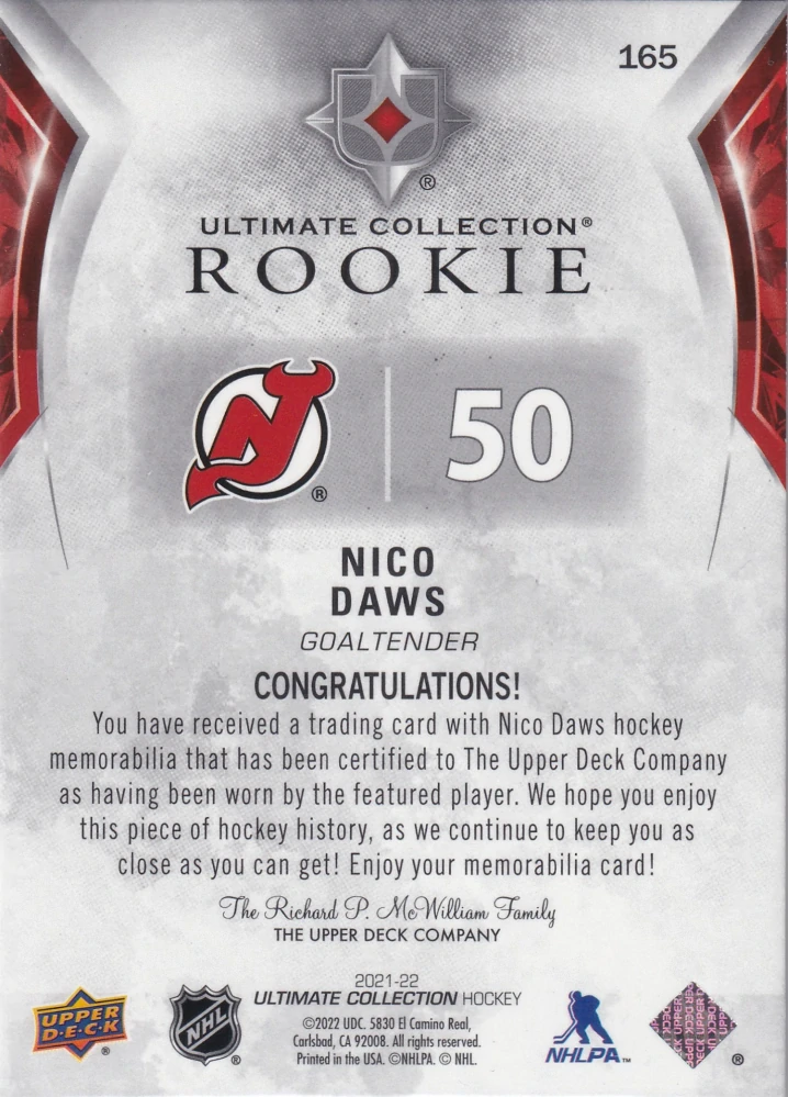 2021-22 UD Ultimate Collection - Nico Daws - Rookie Jersey /699 #165