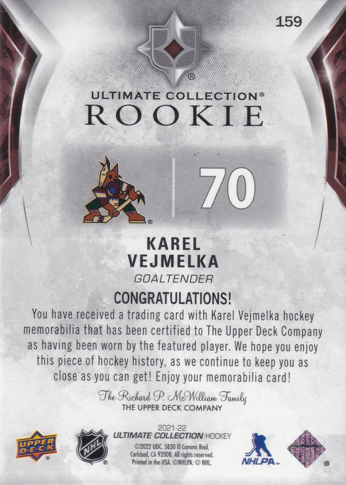 2021-22 UD Ultimate Collection - Karel Vejmelka - Rookie Jersey /699 #159