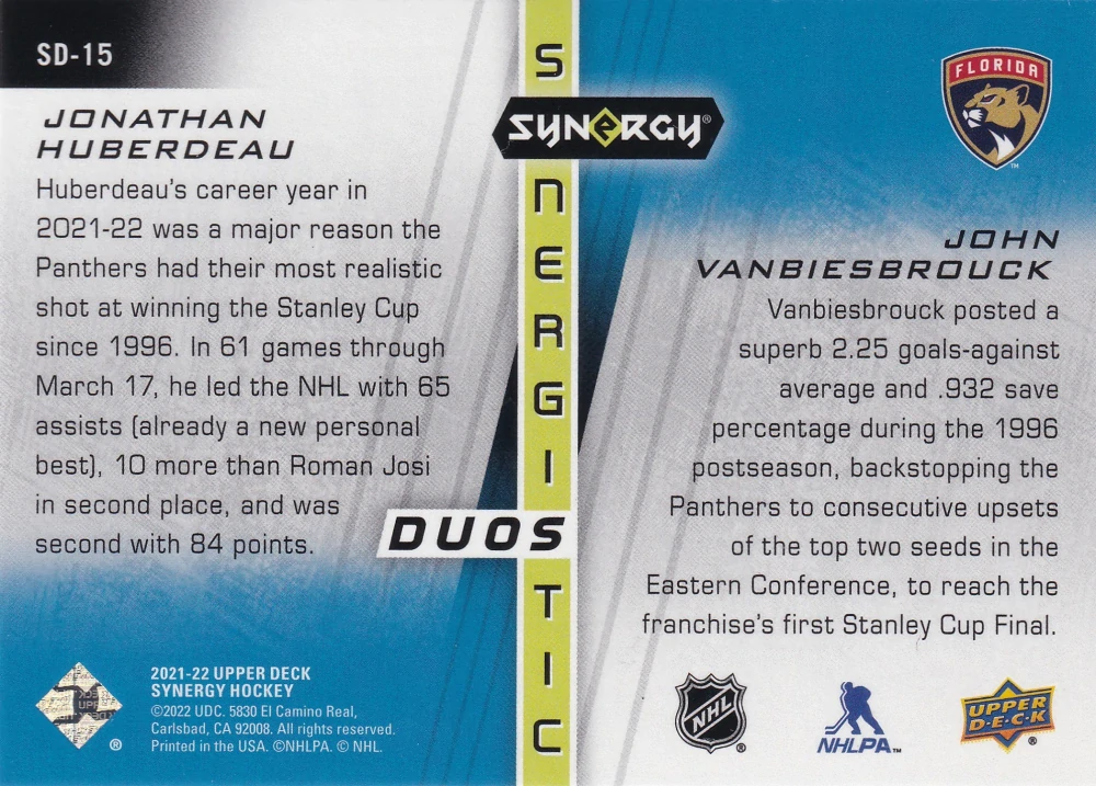 2021-22 UD Synergy - Jonathan Huberdeau; John Vanbiesbrouck - Synergistic Duos Red /399 #SD-15