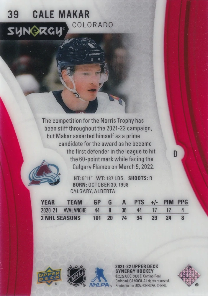2021-22 UD Synergy - Cale Makar #39