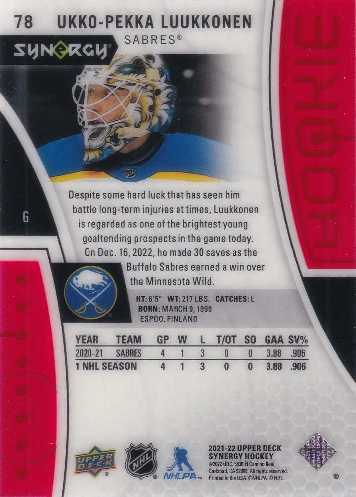 2021-22 UD Synergy - Ukko-Pekka Luukkonen - Rookie #78