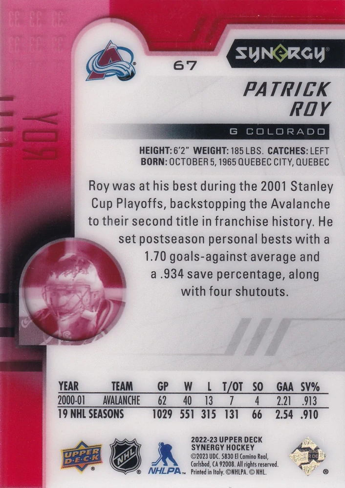 2022-23 UD Synergy - Patrick Roy #67