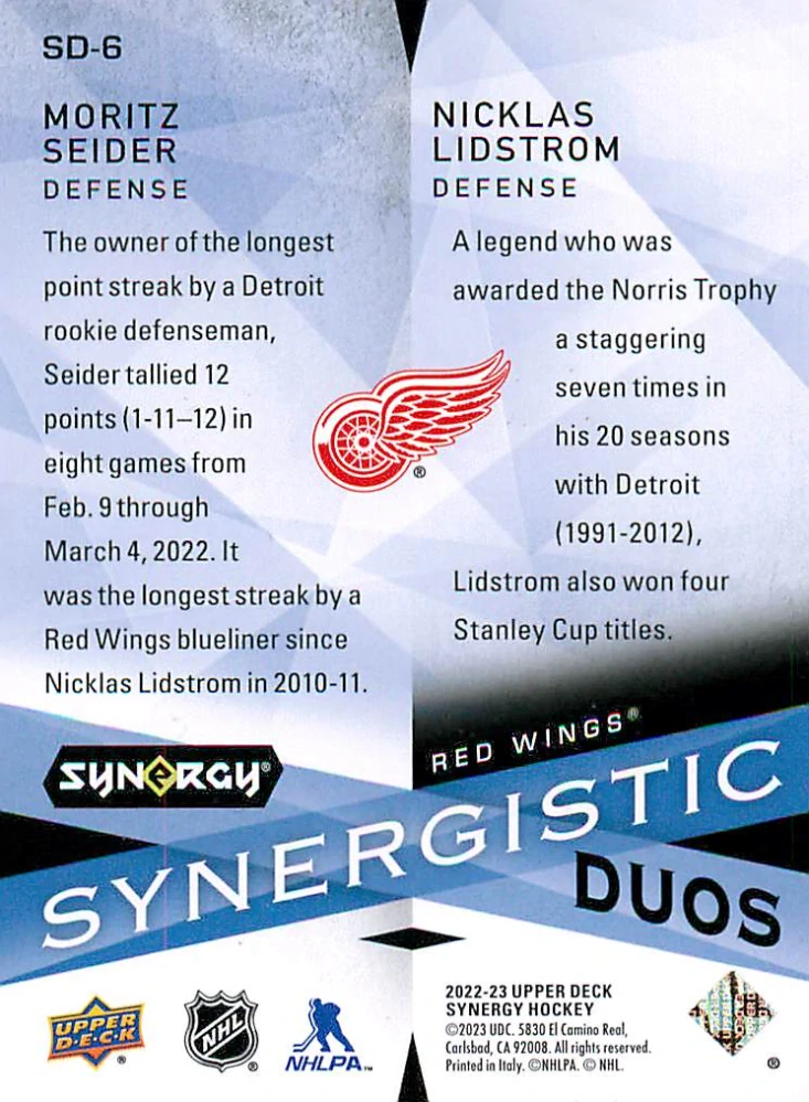 2022-23 UD Synergy - Moritz Seider, Nicklas Lidstrom - Synergistic Duos /699 #SD-6