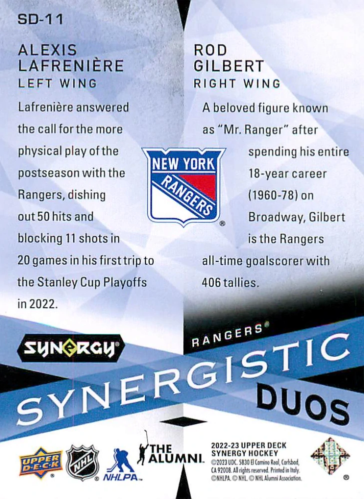 2022-23 UD Synergy - Alexis Lafreniere, Rod Gilbert - Synergistic Duos /699 #SD-11