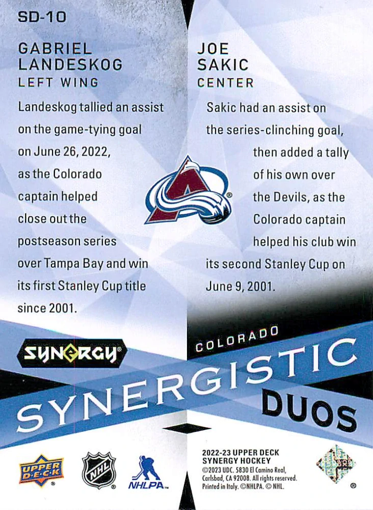 2022-23 UD Synergy - Gabriel Landeskog, Joe Sakic - Synergistic Duos /699 #SD-10