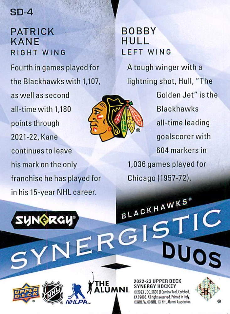 2022-23 UD Synergy - Patrick Kane, Bobby Hull - Synergistic Duos Green /249 #SD-4