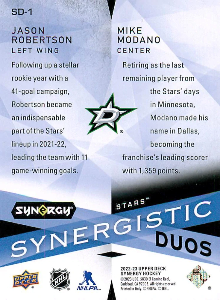 2022-23 UD Synergy - Jason Robertson, Mike Modano - Synergistic Duos Green /249 #SD-1