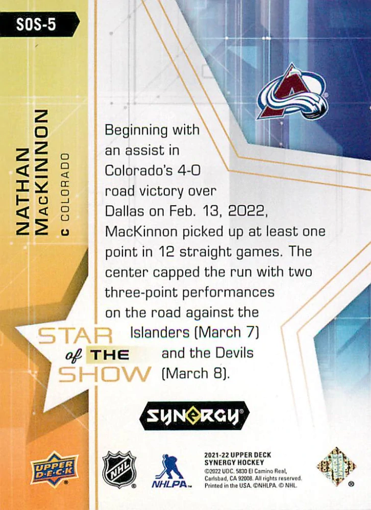 2021-22 UD Synergy - Nathan MacKinnon - Star of the Show #SOS-5