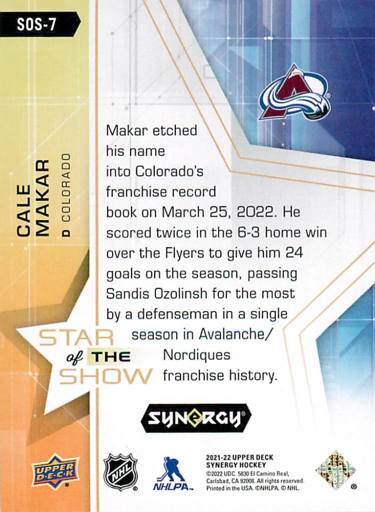 2021-22 UD Synergy - Cale Makar - Star of the Show #SOS-7