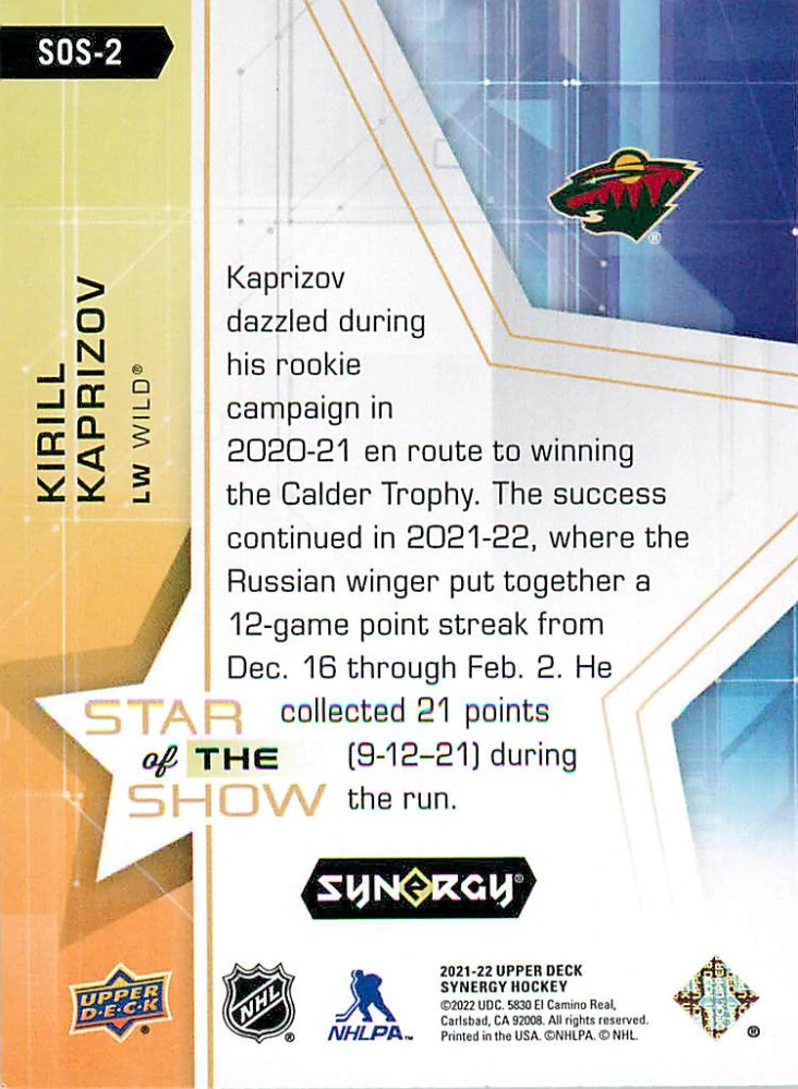 2021-22 UD Synergy - Kirill Kaprizov - Star of the Show #SOS-2