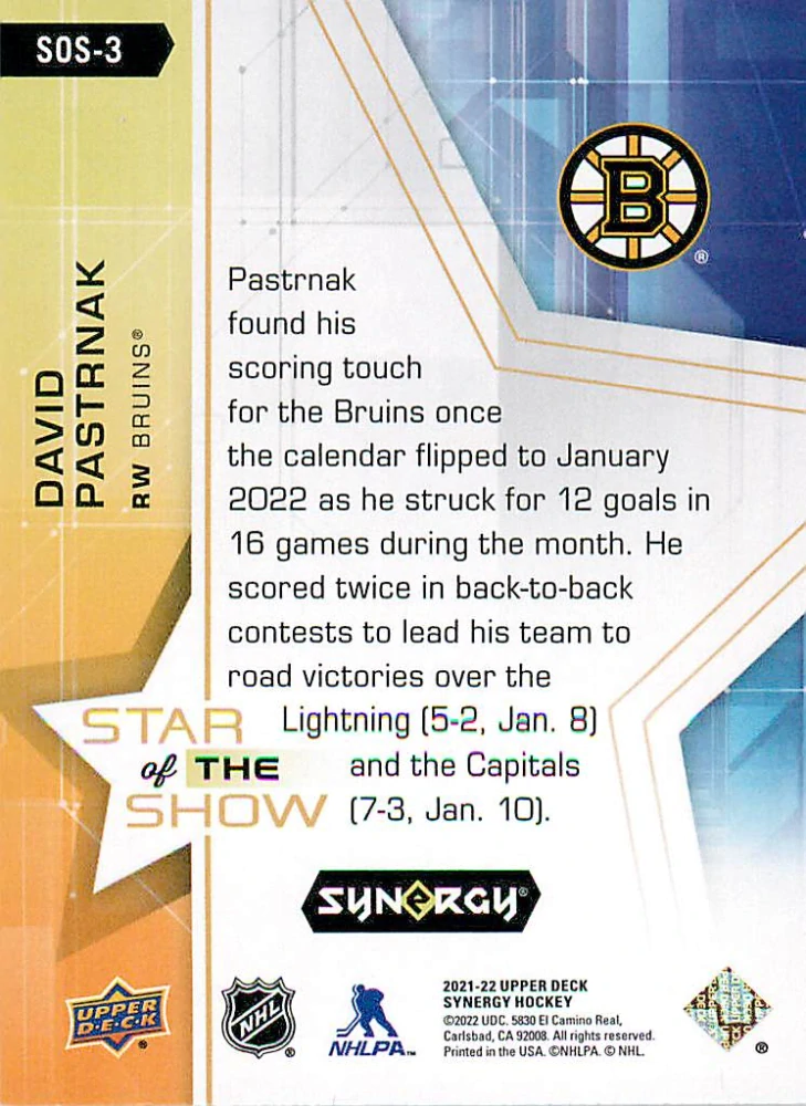 2021-22 UD Synergy - David Pastrňák - Star of the Show #SOS-3