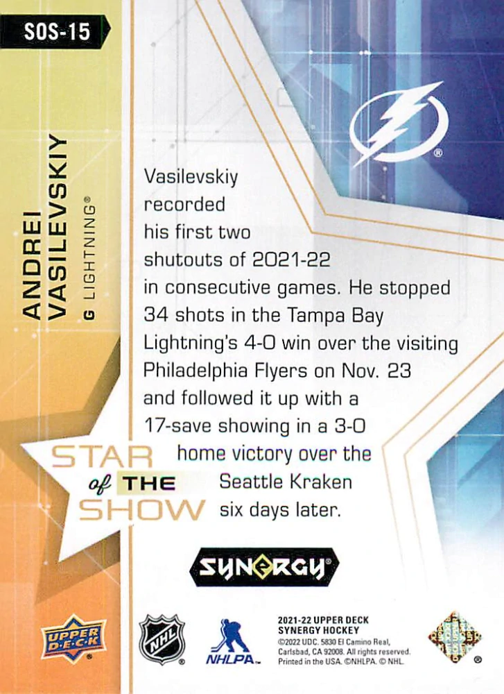 2021-22 UD Synergy - Andrei Vasilevskiy - Star of the Show #SOS-15