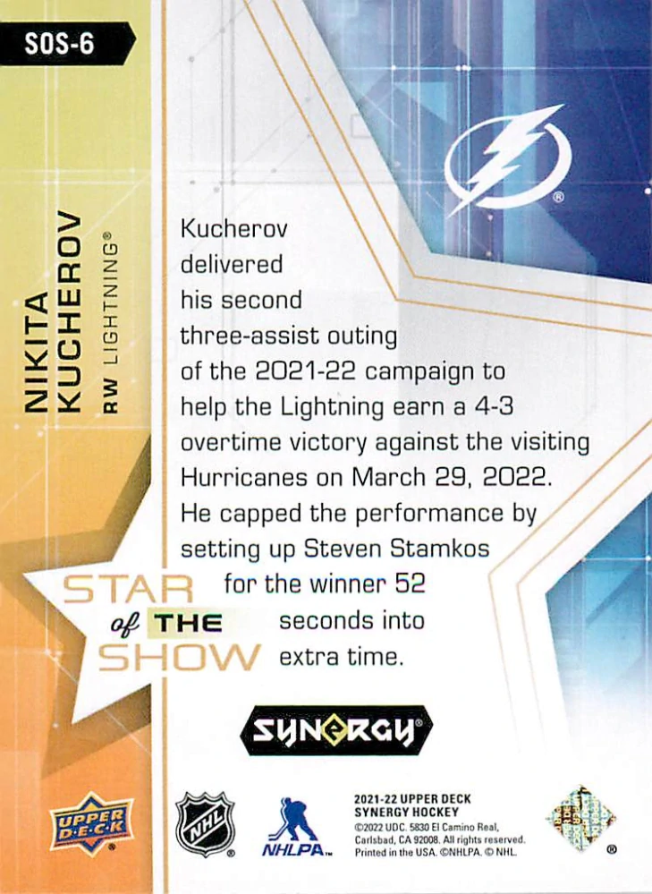2021-22 UD Synergy - Nikita Kucherov - Star of the Show #SOS-6