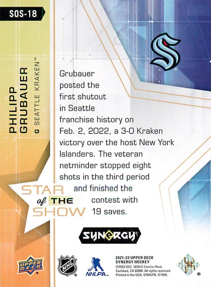 2021-22 UD Synergy - Philipp Grubauer - Star of the Show #SOS-18