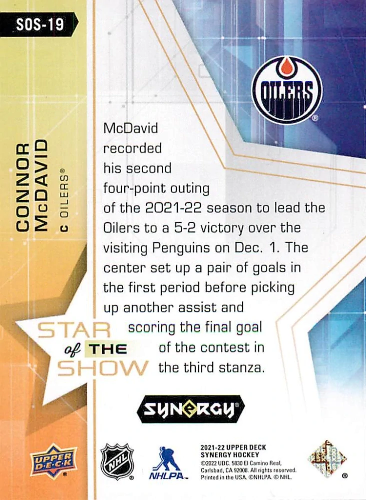2021-22 UD Synergy - Connor McDavid - Star of the Show #SOS-19