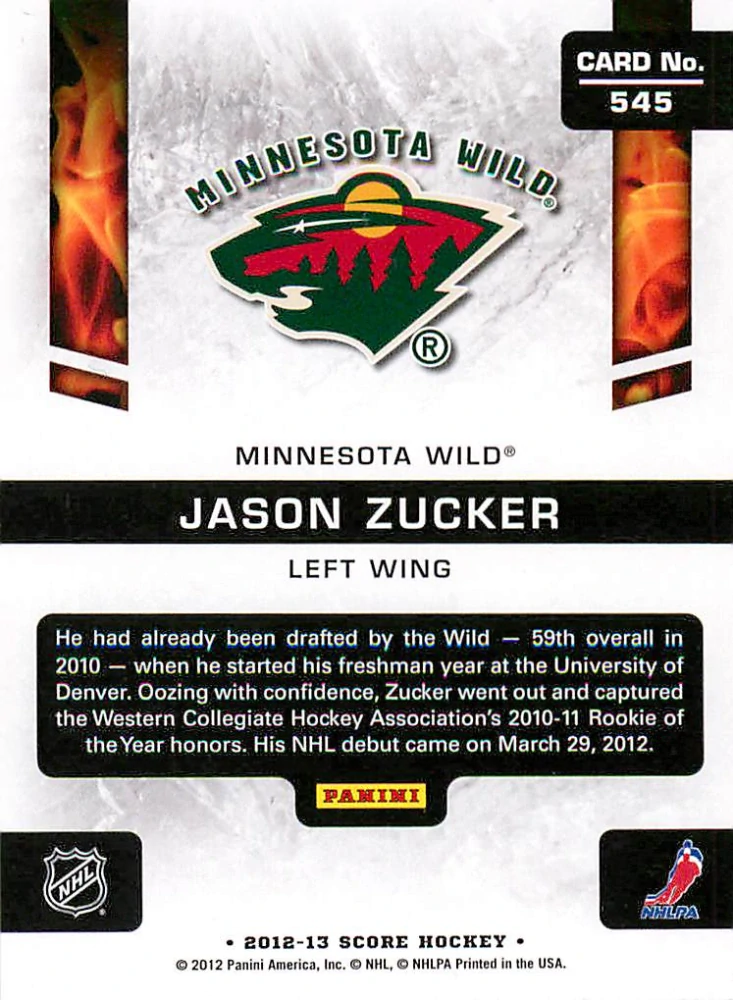 2012-13 Score - Jason Zucker - Hot Rookies #545