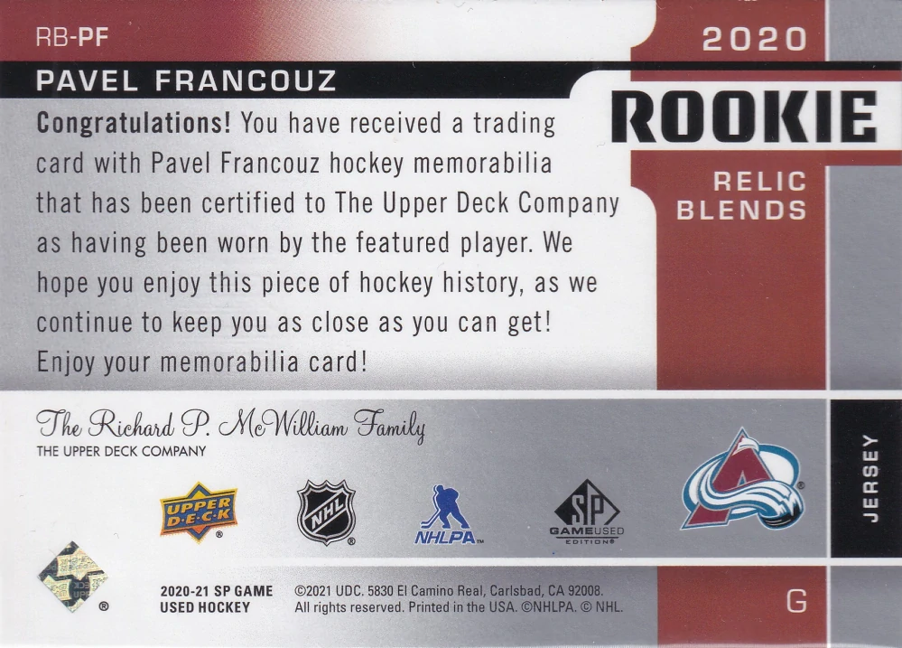 2020-21 UD SP Game Used - Pavel Francouz - Rookie Relics Blends /150 #RB-PF