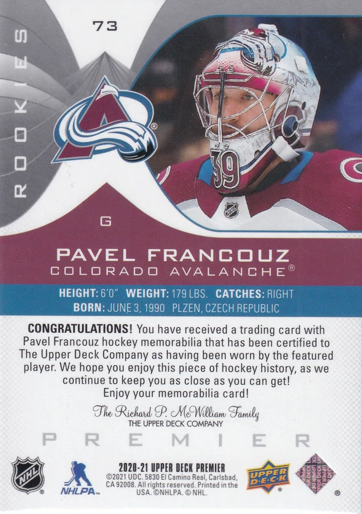 2020-21 UD Premier - Pavel Francouz - Rookies Jersey #73