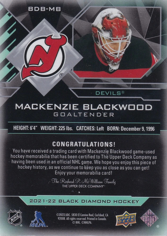 2021-22 UD Black Diamond - Mackenzie Blackwood - Premium Relics /50 #BDB-MB
