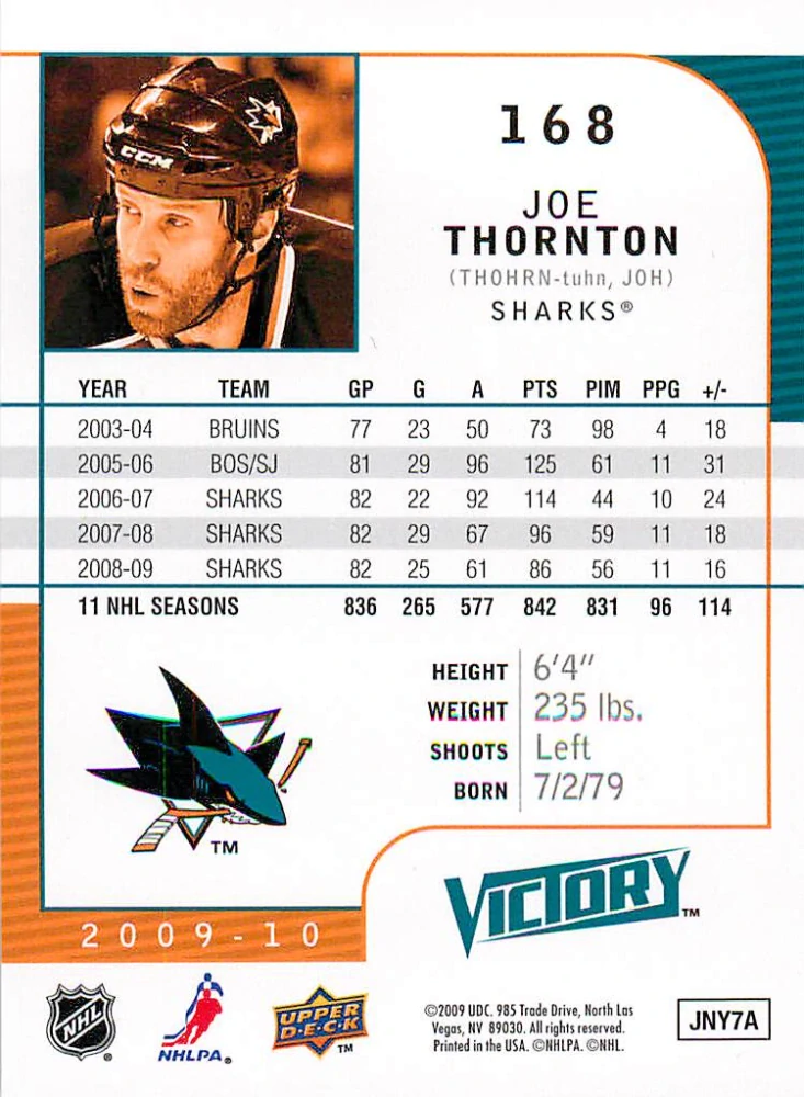2009-10 UD Victory - Joe Thornton #168