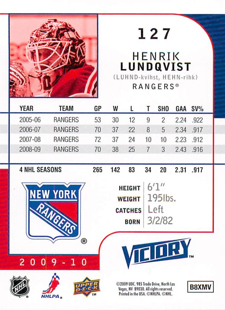 2009-10 UD Victory - Henrik Lundqvist #127